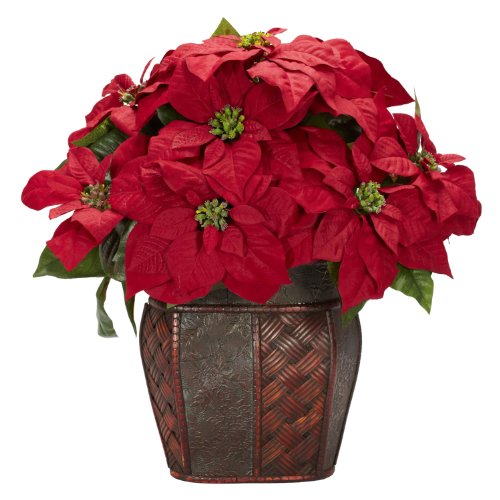 0810709014853 - NEARLY NATURAL 1264 POINSETTIA WITH DECORATIVE VASE SILK FLOWER ARRANGEMENT, RED