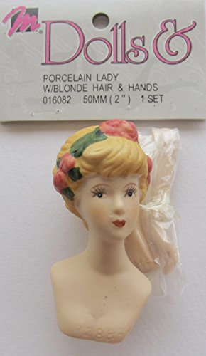 0081081082116 - MANGELSEN'S CRAFT SET OF 1 PORCELAIN 'LADY' DOLL HEAD 2 (PACKAGE SIZE) AND PAIR OF HANDS/ HEAD MEASURES 2-1/2 (HEAD TOP TO END OF CHEST PLATE) W MOLDED BLONDE HAIR & FLORAL HEADBAND