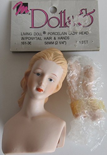 0081081136116 - MANGELSEN'S CRAFT SET OF 1 PORCELAIN 'LIVING DOLL' LADY DOLL HEAD (SLANTED) 3-1/4 (PACKAGE 2-1/4) W MOLDED PONYTAIL BLONDE HAIR AND PAIR OF HANDS EACH 1-3/4CHECK SIZES IN LISTING
