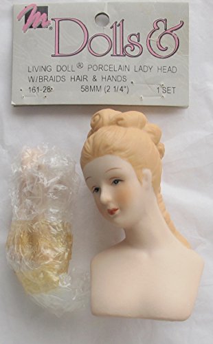 0081081168612 - MANGELSEN'S CRAFT 1 SET OF PORCELAIN 'LIVING DOLL' LADY DOLL HEAD SLANTED 3 (PACK SIZE 2-1/4) AND PAIR OF HANDS EACH 1-3/4 W MOLDED BRAIDS HAIR