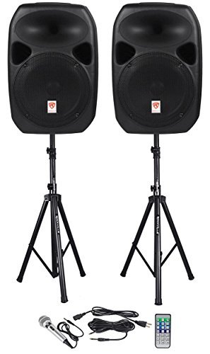 0811080022574 - ROCKVILLE RPG122K DUAL 12-INCH POWERED SPEAKERS WITH STANDS AND MICROPHONE - BLACK