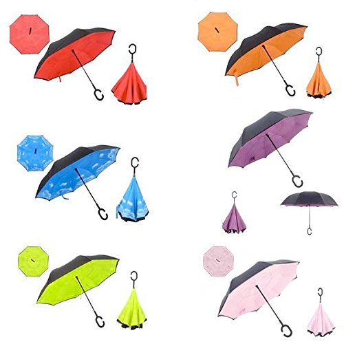 8111160298847 - THE WORLD'S FIRST DOUBLE UMBRELLA TRAVEL STRONG CREATIVE CARS REVERSE STRAIGHT WATERPROOF UV PROTECTION INSIDE OUT COMPACT TRAVEL FOR CAR SUNNY OR RAINY AMPHIBIOUS, SHAPE HANDLE DOUBLE LAYER INVERTED (PINK)