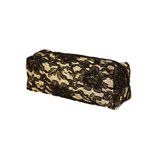 0811491600095 - MIA COSMETIC BAG-PENCILS AND BRUSH BAG-SMALL SIZE-LIGHT GOLD SATIN WITH BLACK LACE OVERLAY, BLACK ZIPPER AND BLACK SATIN PULLER-WATERPROOF INSIDE-MEASURES 6.5 LONG X 2 WIDE X 2.5 HIGH