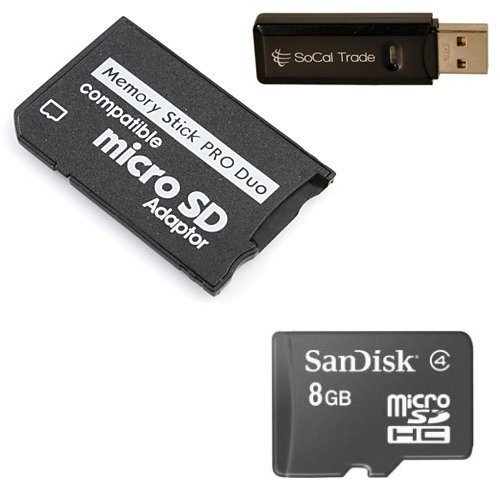 0081159901554 - SANDISK 8GB 8G CLASS 4 MICROSD MICROSDHC CARD WITH MICROSDHC TO MEMORY STICK MS PRO DUO ADAPTER FOR SONY PSP AND CYBERSHOT CAMERAS WITH SOCAL TRADE MICRO SDHC & SD DUAL SLOT MEMORY CARD READER