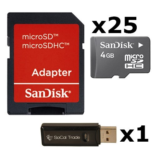 0081159902797 - 25 PACK - SANDISK 4GB MICROSD HC MEMORY CARD SDSDQAB-004G (BULK PACKAGING) LOT OF 25 WITH SD ADAPTER AND SOCAL TRADE USB 2.0 MICOSD & SD MEMORY CARD READER