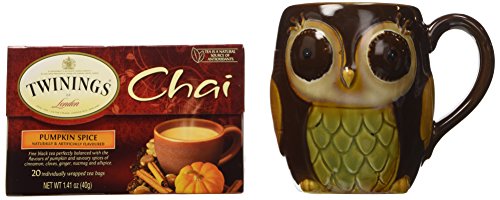 0081175659477 - TWININGS PUMPKIN SPICE CHAI TEA WITH CHOCOLATE PORCELAIN OWL MUG - GIFT BOXED