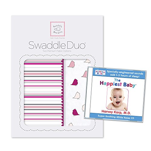 0811964023888 - SWADDLEDESIGNS SWADDLEDUO 2 PIECE WITH THE HAPPIEST BABY WHITE NOISE CD BUNDLE, STRIPES AND LITTLE CHICKIES, VERY BERRY