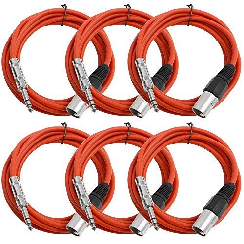 0812451019926 - SEISMIC AUDIO SATRXL-M10RED6 10-FEET XLR MALE TO 1/4-INCH TRS PATCH CABLES - RED