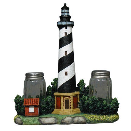 0812566020060 - NAUTICAL CAPE HATTERAS LIGHTHOUSE GLASS SALT AND PEPPER SHAKER SET FIGURINE WITH HOLDER IN DECORATIVE KITCHEN DECOR SCULPTURES AND COLLECTIBLE COASTAL GIFTS
