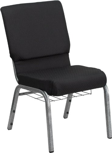 0812581012859 - 4 PK. HERCULES SERIES 18.5'' WIDE BLACK PATTERNED CHURCH CHAIR WITH 4.25'' THICK SEAT, CUP BOOK RACK - SILVER VEIN FRAME