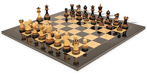 0812949015973 - PARKER STAUNTON CHESS SET IN BURNT BOXWOOD WITH BLACK ASH BURL CHESS BOARD - 3.75 KING