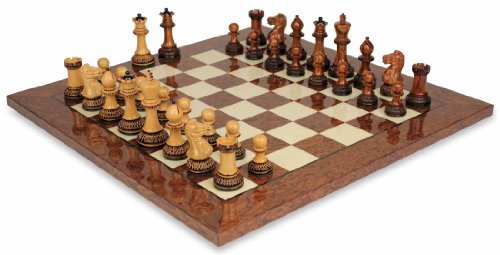0812949015980 - PARKER STAUNTON CHESS SET IN BURNT GOLDEN ROSEWOOD WITH BROWN & ERABLE CHESS BOARD - 3.75 KING