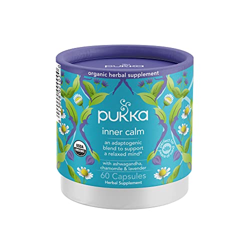 0813026021030 - PUKKA HERBS | INNER CALM ORGANIC HERBAL SUPPLEMENT | ADAPTOGENIC BLEND OF ASHWAGANDHA, CHAMOMILE AND LAVENDER TO SUPPORT A RELAXED MIND*| CONTAINS IODINE | 60 CAPSULES | 1 MONTH SUPPLY