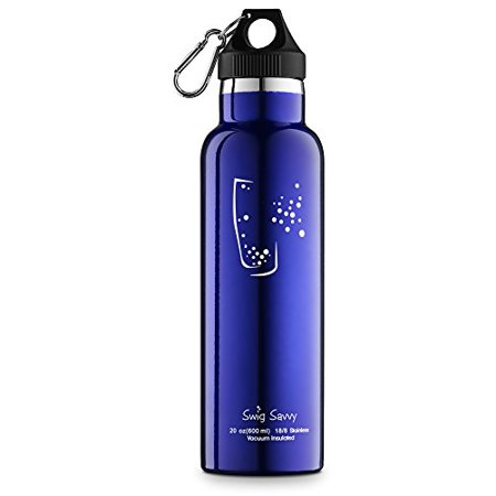 0813228024716 - SWIG SAVVY DOUBLE WALLED VACUUM INSULATED STAINLESS STEEL WATER BOTTLE BLUE 20 OZ WITH 3 INTERCHANGEABLE CAPS