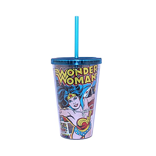 0814565021253 - DC COMICS WW97087 WONDER WOMAN COMIC POP PLASTIC COLD CUP WITH LID AND STRAW, 16 OZ, MULTICOLOR