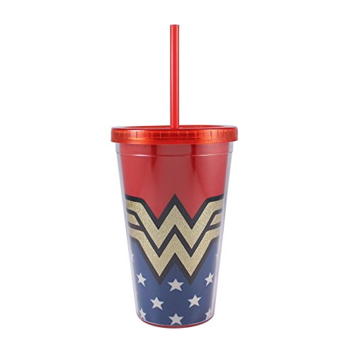 0814565021314 - WONDER WOMAN LOGO WRAP AROUND WITH STARS 16OZ. PLASTIC COLD CUP WITH LID AND STR