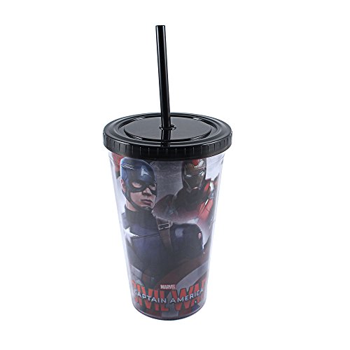 0814565022274 - MARVEL CW03087 CIVIL WAR CAPTAIN AMERICA FOREFRONT IRON MAN BACKGROUND PLASTIC COLD CUP WITH LID AND STRAW, 16 OZ, MULTICOLOR