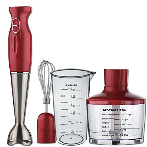 0814667020109 - OVENTE HS585R ROBUST STAINLESS STEEL IMMERSION HAND BLENDER WITH BEAKER, WHISK ATTACHMENT AND FOOD CHOPPER, RED