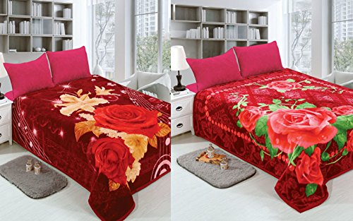 0814731021513 - JML SOFT PLUS KOREAN STYLE 2 PLY 2 SIDES FLORAL PRINTED REVERSIBLE RASCHEL FLEECE BED BLANKET, RED ROSE QUEEN SIZE 77 X 93 INCHES