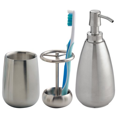 0081492025559 - INTERDESIGN STAINLESS STEEL BATH COUNTERTOP ACCESSORY SET, SOAP DISPENSER PUMP, TOOTHBRUSH HOLDER, TUMBLER - 3 PIECES, BRUSHED