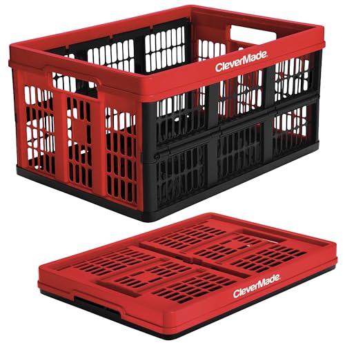 0814986021153 - CLEVERMADE 45L COLLAPSIBLE STORAGE BINS, PLASTIC STACKABLE GRATED WALL UTILITY CONTAINERS, CLEVERCRATES BASKETS, RED, 1 PACK