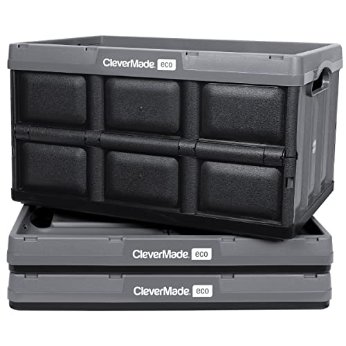 0814986027193 - CLEVERMADE ECO 62L COLLAPSIBLE STORAGE BINS - FOLDING PLASTIC STACKABLE UTILITY CRATES, SOLID WALL, NO LID, 3 PACK, STONE