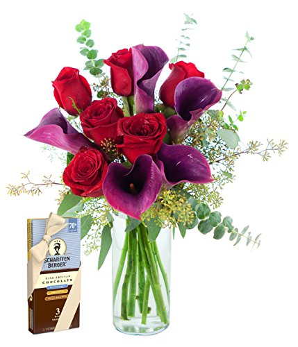 0815433024093 - KABLOOM APHRODITE'S KISS RED ROSES AND PURPLE CALLAS AND CHOCOLATE WITH VASE, 2.5 POUND
