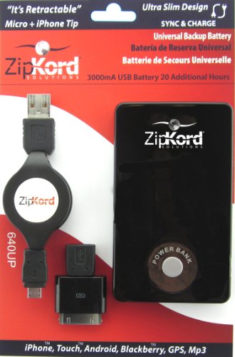 0816281010665 - ZIPKORD 640UP MOBILE DEVICE UNIVERSAL POWER PACK WITH RETRACTABLE MICRO CABLE AND IPHONE TIP - RETAIL PACKAGING - BLACK