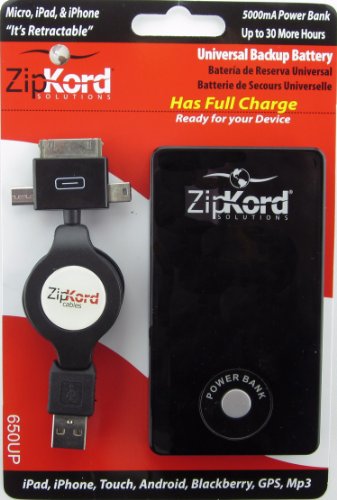0816281010825 - ZIPKORD 650UP MOBILE DEVICE UNIVERSAL POWER PACK WITH RETRACTABLE MICRO CABLE AND IPHONE TIP - RETAIL PACKAGING - BLACK