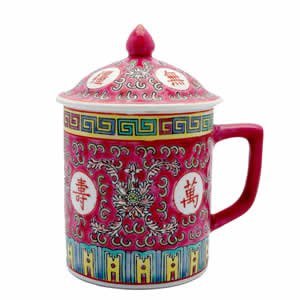 0816667100010 - ASIAN PORCELAIN MUG FOR TEA OR COFFEE WITH LID - BEAUTIFUL FUCHSIA W/ROSE CALLIGRAPHY