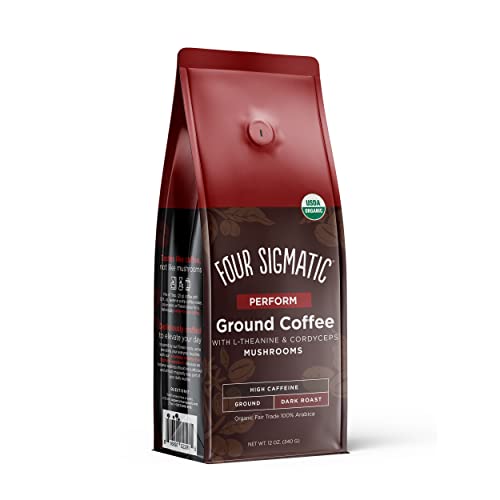 0816897022915 - FOUR SIGMATIC MUSHROOM GROUND COFFEE, PERFORM, ORGANIC AND FAIR TRADE GROUND COFFEE WITH L-THEANINE & CORDYCEPS MUSHROOMS, HIGH CAFFEINE, KETO, 12 OZ