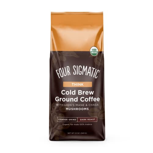 0816897023349 - ORGANIC COLD BREW COFFEE GROUNDS BY FOUR SIGMATIC | DARK ROAST, FAIR TRADE COARSE GROUNDS FOR ICED COFFEE WITH LIONS MANE AND CHAGA | COLD BREW MUSHROOM COFFEE FOR CRASH-FREE FOCUS | 12 OZ BAG
