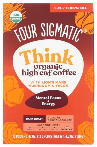 0816897023660 - HIGH CAFFEINE MUSHROOM COFFEE K-CUPS BY FOUR SIGMATIC | ORGANIC AND FAIR TRADE DARK ROAST COFFEE WITH LION’S MANE & YACON | FOCUS & IMMUNE SUPPORT | VEGAN & KETO | SUSTAINABLE PODS | 10 COUNT