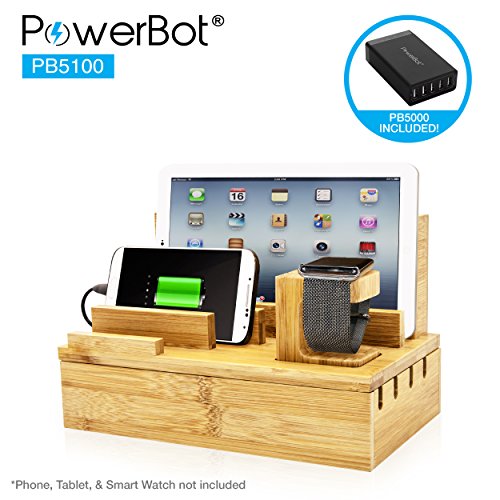 0817338020163 - POWERBOT PB5100 40WATT 8AMP 5 USB PORT RAPID CHARGER UNIVERSAL DESKTOP CHARGING STATION W/ BAMBOO FINISH, MULTI DEVICE CHARGING DOCK, ORGANIZER STAND FOR TABLETS, APPLE WATCH, SMARTPHONES UP TO 5.7