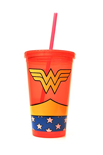 0817989010063 - SILVER BUFFALO WW01087 DC COMICS WONDER WOMAN UNIFORM PLASTIC COLD CUP WITH LID AND STRAW, 16-OUNCES