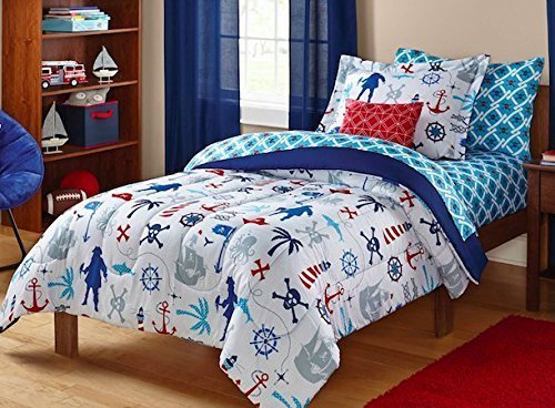 0081806316199 - WHITE RED BLUE KIDS PIRATE NAUTICAL SKULL SEA THEMED TWIN BEDDING SET (5 PIECE BED IN A BAG)