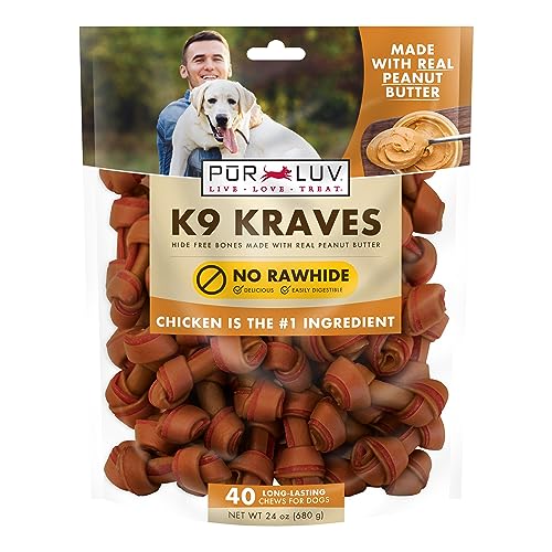 0818145019395 - PUR LUV K9 KRAVES RAWHIDE FREE BONE DOG TREATS, PEANUT BUTTER FLAVOR, MADE WITH REAL PEANUT BUTTER AND CHICKEN, HEALTHY, EASILY DIGESTIBLE, LONG LASTING, AND HIGH PROTEIN DOG TREAT, 40 COUNT