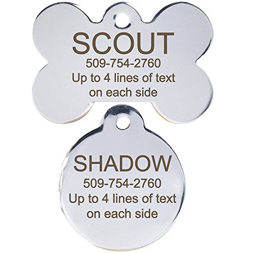 0818271014233 - STAINLESS STEEL PET ID TAGS: BONE, ROUND, HEART, HOUSE, STAR, RECTANGLE, AND BOW TIE. INCLUDES UP TO 8 LINES OF CUSTOMIZED TEXT - FRONT AND BACK ENGRAVING.