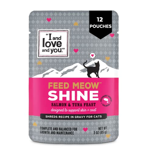 0818336013683 - I AND LOVE AND YOU FEED MEOW WET CAT FOOD TOPPERS, SHINE FORMULA WITH SALMON AND TUNA, OMEGAS 3 AND 6 FOR HEALTHY SKIN AND COAT, GRAIN FREE, NO FILLERS, 3 OZ POUCHES, PACK OF 12 POUCHES