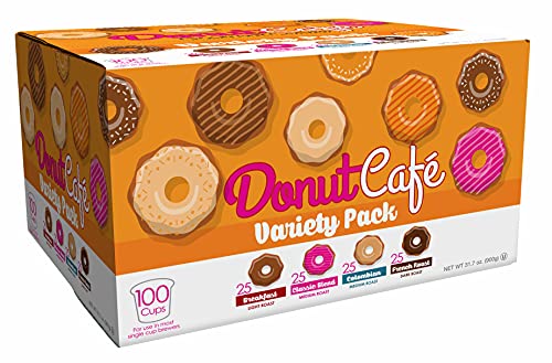 0818390019362 - DONUT CAFÉ SINGLE SERVE COFFEE PODS FOR KEURIG K CUP BREWERS, VARIETY PACK, LIGHT MEDIUM AND DARK ROAST, VARIETY PACK, 100 COUNT (25 EA: BREAKFAST BLEND, CLASSIC BLEND, COLOMBIAN, FRENCH ROAST)
