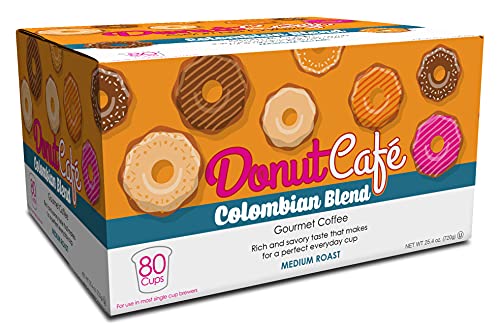 0818390019454 - DONUT CAFÉ SINGLE SERVE COFFEE PODS FOR KEURIG K CUP BREWERS, COLOMBIAN BLEND, MEDIUM ROAST, 80 COUNT