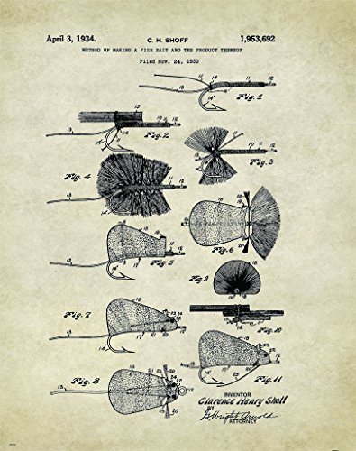0818430018515 - ANTIQUE FLY FISHING LURE US PATENT POSTER ART PRINT LARGEMOUTH BASS WALLEY MUSKIE LURES POLES 11X14 WALL DECOR PICTURES