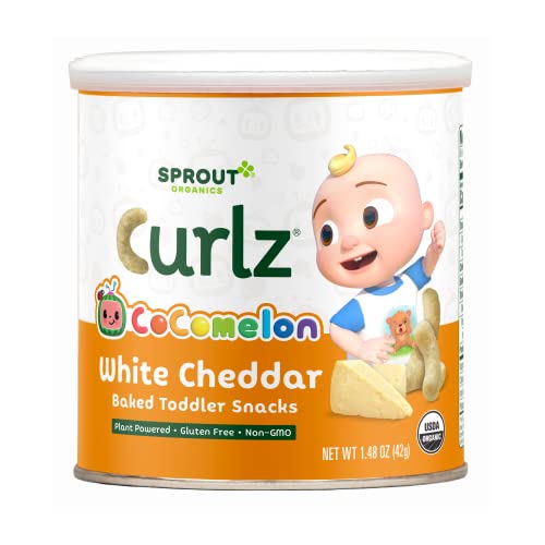 0818512018440 - COCOMELON SPROUT ORGANIC BABY FOOD, STAGE 4 TODDLER SNACKS, WHITE CHEDDAR PLANT POWER CURLZ, 1.48 OZ CANISTER (1 COUNT)
