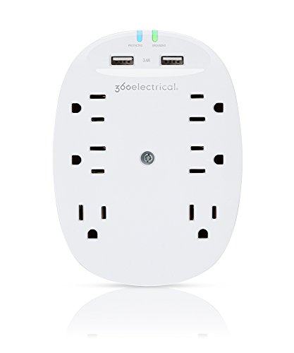 0819124010747 - 360 ELECTRICAL 360304 STUDIO3.4 SURGE PROTECTOR WALL TAP WITH 6 OUTLETS 3.4 AMP/17W USB CHARGING