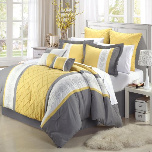0819219017224 - CHIC HOME 8-PIECE EMBROIDERY COMFORTER SET, QUEEN, LIVINGSTON YELLOW