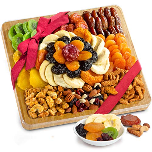 0819354015604 - DRIED FRUIT AND GOURMET SNACKS GIFT ON BAMBOO CUTTING BOARD SERVING TRAY