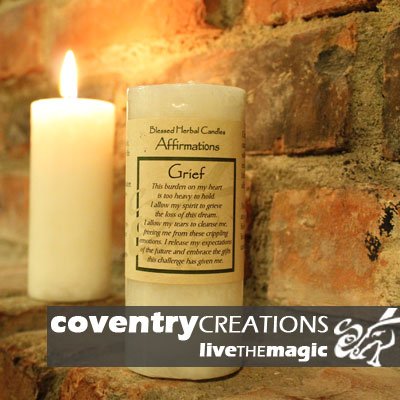 0819470010354 - COVENTRY CREATIONS GRIEF AFFIRMATION HERBAL PILLAR SPELL CANDLE WITH BLESSING PRINTED ON SPECIALLY MADE PARCHMENT PAPER WICCA SOLD BY SACRED TIGER