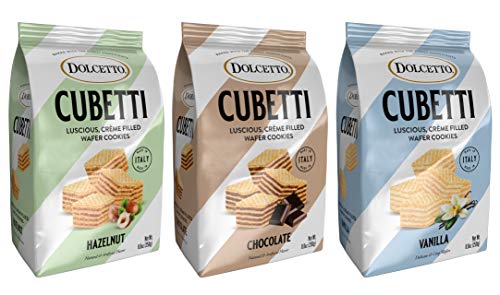 0819529008837 - DOLCETTO CUBETTI VARIETY PACK: CHOCOLATE/ VANILLA/ & HAZELNUT, LUSCIOUS CRÈME FILLED WAFER COOKIES, 8.8OZ BAGS, PACK OF 3, MADE IN ITALY, 8OZ