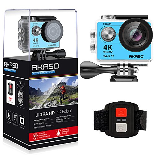 0819847018198 - AKASO EK7000 4K WIFI SPORTS ACTION CAMERA ULTRA HD WATERPROOF DV CAMCORDER 12MP 170 DEGREE WIDE ANGLE 2 INCH LCD SCREEN/2.4G REMOTE CONTROL/2 RECHARGEABLE BATTERIES/19 MOUNTING KITS-BLUE