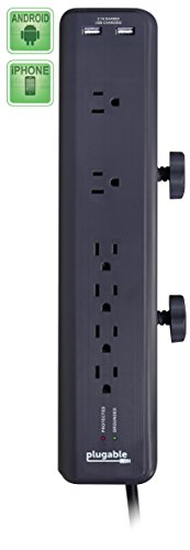 0819927010579 - PLUGABLE 6 AC OUTLET SURGE PROTECTOR WITH CLAMP MOUNT FOR WORKBENCH OR DESK. BUILT-IN 10.5W 2-PORT USB CHARGER FOR ANDROID, APPLE IOS, AND WINDOWS MOBILE DEVICES